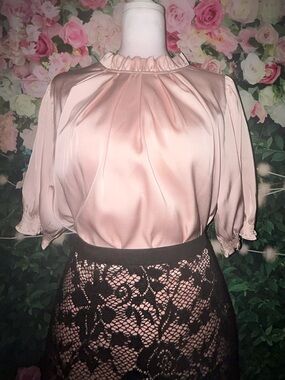 JODIFL Blush Pink Satin Ruffle-Neck Blouse